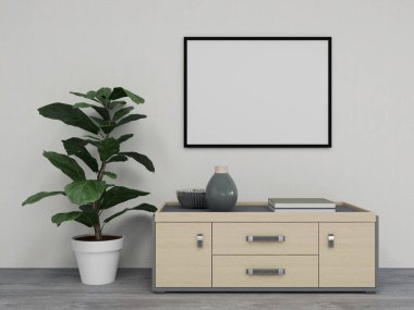 Duvarda boş bir yatay çerçeve modeli ve büfe ve bitkilerle dekorasyon. 3D görüntüleme, iç tasarım, 3B illüstrasyon