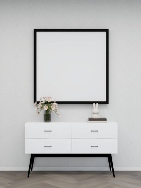 Duvarda boş kare çerçeve modeli ve beyaz büfe dekorasyonu. 3D görüntüleme, iç tasarım, 3B illüstrasyon