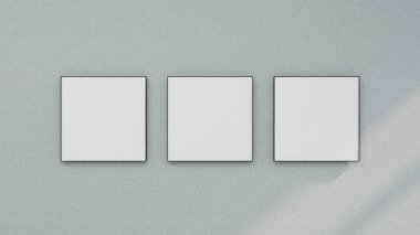 Açık mavi bir duvardaki üç kare çerçevenin maketi. 3D görüntüleme, iç tasarım, 3B illüstrasyon