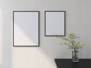 İki dikey çerçeve ve iç dekorasyonun masandaki bitkiyle modeli. 3D görüntüleme, iç tasarım, 3B illüstrasyon