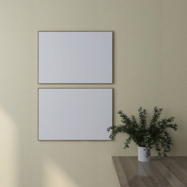 Krem bir duvardaki iki yatay çerçevenin maketi ve iç dekorasyonla bir masa. 3D görüntüleme, iç tasarım, 3B illüstrasyon