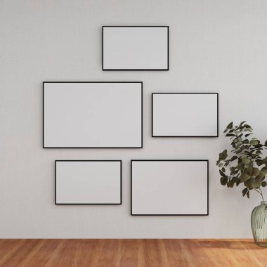 Beyaz bir duvardaki beş yatay çerçevenin maketi ve iç dekorasyonla bir masa. 3D görüntüleme, iç tasarım, 3B illüstrasyon