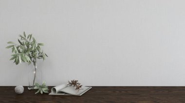 İç dekorasyonu bitki ve kitapla birlikte beyaz duvar modeli, yatay görüntü oryantasyonu. 3D görüntüleme, iç tasarım, 3B illüstrasyon