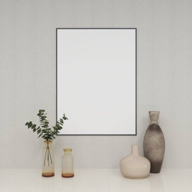 Duvardaki dikey çerçevenin bir kopyası ve iç dekorasyon tesisi ve masa üzerindeki vazoların. 3D görüntüleme, iç tasarım, 3B illüstrasyon