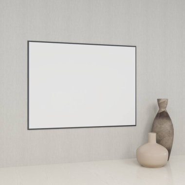 Duvarda yatay çerçeve modeli ve iç dekorasyon tesisi ve masa üzerinde vazolar. 3D görüntüleme, iç tasarım, 3B illüstrasyon