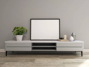 İç dekorasyonlu bir televizyon dolabında yatay çerçeve modeliyle oturma odası. 3D görüntüleme, iç tasarım, 3B illüstrasyon