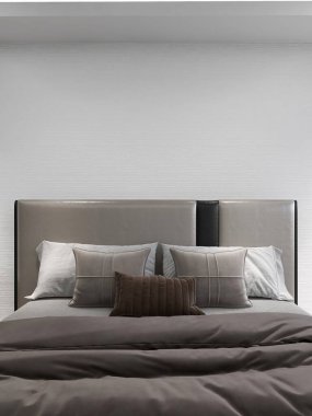 Yatağı ve iç dekorasyonu olan yatak odası. 3D görüntüleme, iç tasarım, 3B illüstrasyon