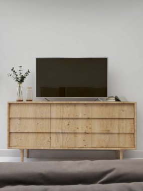 Televizyon dolabı ve iç dekorasyon. 3D görüntüleme, iç tasarım, 3B illüstrasyon