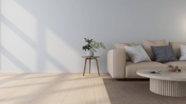 Bej bir kanepe ve iç dekorasyonlu duvar modeli. 3D görüntüleme, iç tasarım, 3B illüstrasyon