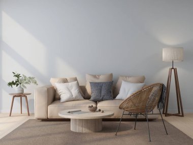 Bej bir kanepesi, lambası ve iç dekorasyonu olan duvar modeli. 3D görüntüleme, iç tasarım, 3B illüstrasyon