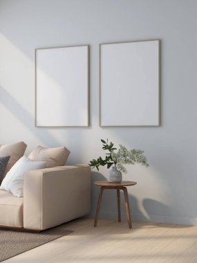 Oturma odasında iki tane dikey çerçeve modeli, bej kanepe ve iç dekorasyonu var. 3D görüntüleme, iç tasarım, 3B illüstrasyon