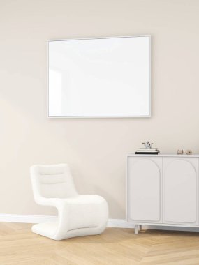 Yatay çerçeveli minimalist oturma odası, büfe, modern sandalye ve süs bitkileriyle dekorasyon. 3D görüntüleme, iç tasarım, 3B illüstrasyon