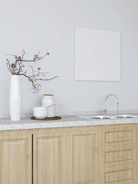 Квадратный макет рамы на кухне с декорациями. 3D рендеринг, дизайн интерьера, 3D иллюстрация