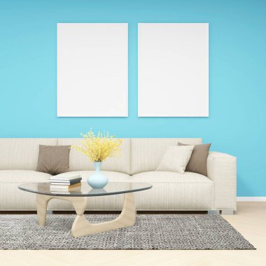 Mavi duvarı, modern kanepesi ve iç dekorasyonu olan bir oturma odasında iki dikey çerçevenin maketi. 3D görüntüleme, iç tasarım, 3B illüstrasyon