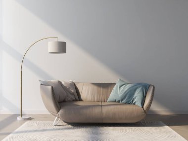 Modern koltuklu ve doğal ışıklandırmalı oturma odası. 3D görüntüleme, iç tasarım, 3B illüstrasyon