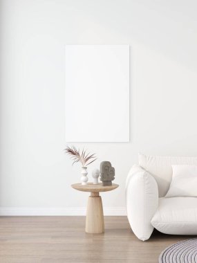 Basit iç dekorasyonu olan modern bir oturma odasında dikey çerçeve modeli. 3D görüntüleme, iç tasarım, 3B illüstrasyon