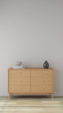 Büfesi ve dekorasyonu olan bir oturma odasının duvar modeli. 3D görüntüleme, iç tasarım, 3B illüstrasyon