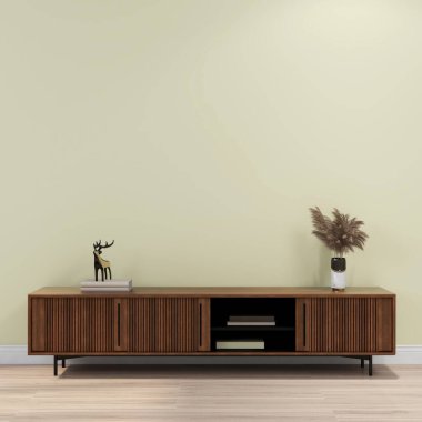 Televizyon dolabı ve iç dekorasyonu olan bir oturma odasının duvar modeli. 3D görüntüleme, iç tasarım, 3B illüstrasyon