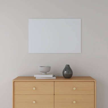 Oturma odasında büfe ve dekorasyonlu yatay çerçeve modeli. 3D görüntüleme, iç tasarım, 3B illüstrasyon