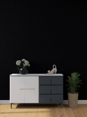 Büfesi ve masa süslemeleri olan bir oturma odasının siyah duvar modeli. 3D görüntüleme, iç tasarım, 3B illüstrasyon