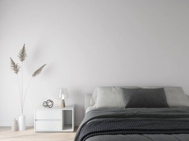 Modern yataklı, beyaz komodinli ve süs bitkisi olan bir yatak odasında duvar modeli. 3D görüntüleme, iç tasarım, 3B illüstrasyon