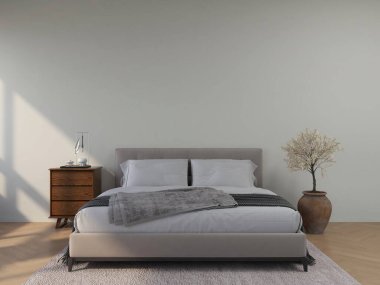 Modern bir yatağı, komodini ve süs bitkisi olan bir yatak odasının duvar modeli. 3D görüntüleme, iç tasarım, 3B illüstrasyon