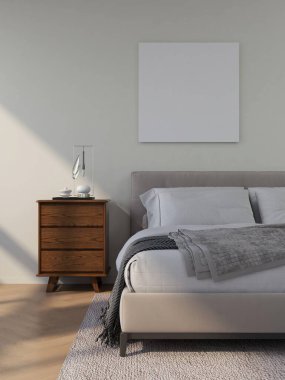 Modern bir yatak odası, komodin ve masa dekorasyonu olan bir çerçeve modeli. 3D görüntüleme, iç tasarım, 3B illüstrasyon