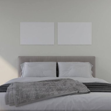 Modern yataklı bir yatak odasında iki yatay çerçevenin maketi. 3D görüntüleme, iç tasarım, 3B illüstrasyon