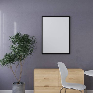 Büfe ve süs bitkisi olan bir yemek odasında dikey çerçeve modeli. 3D görüntüleme, iç tasarım, 3B illüstrasyon