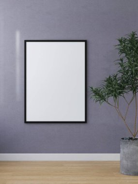 Gri bir duvarda dikey çerçeve modeli ve yanında süs bitkisi. 3D görüntüleme, iç tasarım, 3B illüstrasyon