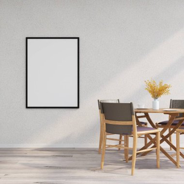 Beyaz bir duvarda dikey çerçeve modeli, sandalyeli ve masa dekorasyonlu bir masa. 3D görüntüleme, iç tasarım, 3B illüstrasyon