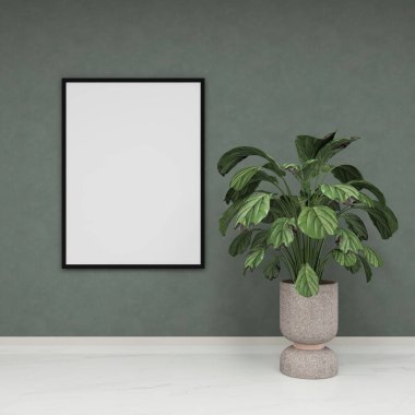 Yeşil bir duvardaki dikey çerçevenin bir kopyası ve vazodaki süs bitkisi. 3D görüntüleme, iç tasarım, 3B illüstrasyon