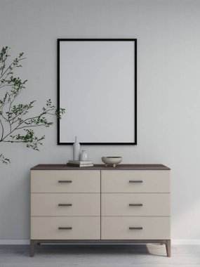 Beyaz bir duvara dikey çerçeve modeli, masa dekorasyonlu büfe ve süs bitkisi. 3D görüntüleme, iç tasarım, 3B illüstrasyon