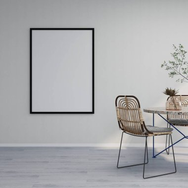 Beyaz duvarda dikey çerçeve modeli, yemek masası ve kenarda süslemeli sandalyeler. 3D görüntüleme, iç tasarım, 3B illüstrasyon