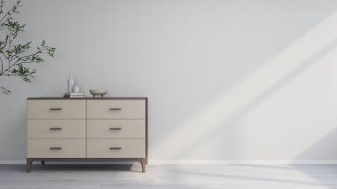 Süslü büfe ve süslemeli beyaz duvar maketi. 3D görüntüleme, iç tasarım, 3B illüstrasyon