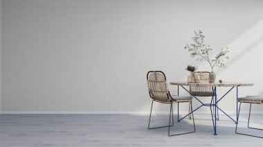 Süslü yemek masası ve sandalyeli beyaz duvar modeli, yatay görüntü oryantasyonu. 3D görüntüleme, iç tasarım, 3B illüstrasyon