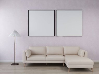 Aydınlık duvarlı oturma odası, iki boş kare çerçeve ve iç dekorasyon 3D, iç tasarım, 3D illüstrasyon.