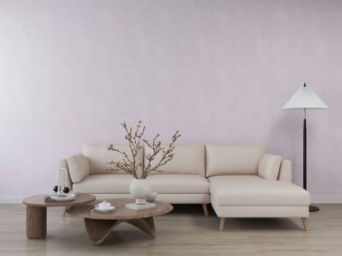 Işık duvarı, kanepesi ve bitkilerle süslenmiş masası olan oturma odası. 3D görüntüleme, iç tasarım, 3B illüstrasyon