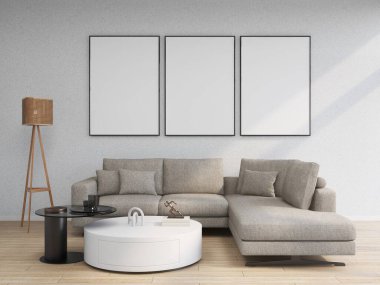 Bej duvarlı oturma odası, üç boş dikey çerçeve ve iç dekorasyon 3D, iç tasarım, 3D illüstrasyon