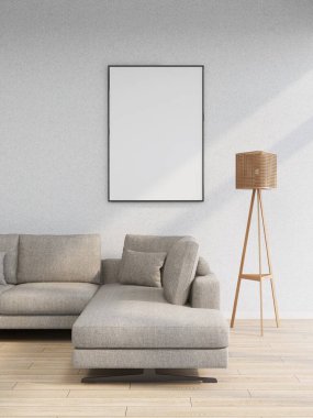 Bej duvarlı oturma odası, boş dikey çerçeve ve iç dekorasyon 3D, iç tasarım, 3D illüstrasyon