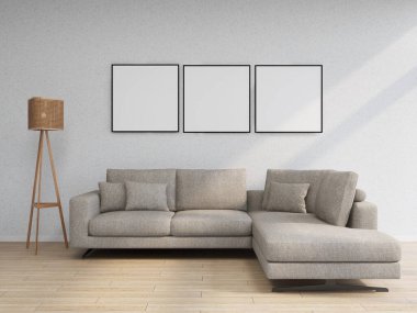 Bej duvarlı oturma odası, üç boş kare çerçeve ve iç dekorasyon 3D, iç tasarım, 3D illüstrasyon