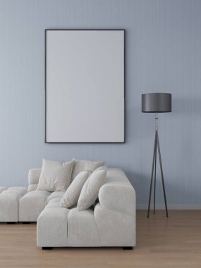 Gri duvarlı oturma odası, boş dikey çerçeve ve iç dekorasyon 3D, iç tasarım, 3D illüstrasyon