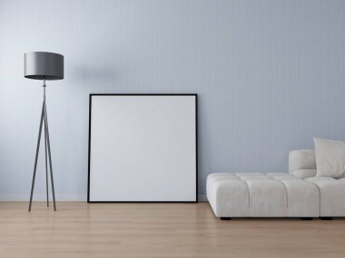 Gri duvarlı oturma odası, yerde kare çerçeve ve iç dekorasyon 3D, iç tasarım, 3D illüstrasyon.