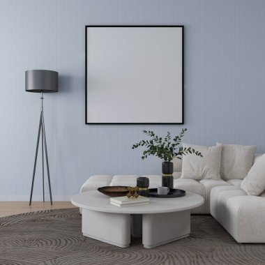 Gri duvarlı oturma odası, boş kare çerçeve ve iç dekorasyonu 3D, iç tasarım, 3D çizim