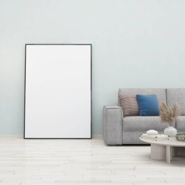 Gri duvarlı oturma odası, kanepe, yerde dikey çerçeve ve iç dekorasyon 3D, iç tasarım, 3D illüstrasyon