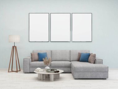Gri duvarlı oturma odası, kanepe, üç boş dikey çerçeve ve iç dekorasyon 3D, iç tasarım, 3D illüstrasyon