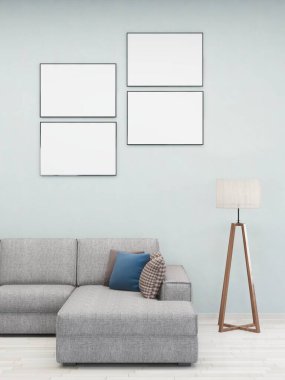 Gri duvarlı oturma odası, kanepe, dört boş yatay çerçeve ve iç dekorasyon 3D, iç tasarım, 3D illüstrasyon.
