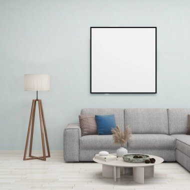 Gri duvarlı oturma odası, kanepe, boş kare çerçeve ve iç dekorasyonu 3D, iç tasarım, 3D illüstrasyon