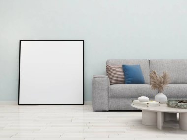 Gri duvarlı oturma odası, kanepe, kare çerçeveli zemin ve iç dekorasyonu 3D, iç tasarım, 3D illüstrasyon