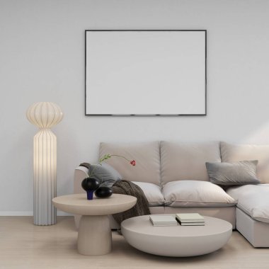 Beyaz duvarlı oturma odası, kanepe, boş yatay çerçeve ve iç dekorasyon 3D, iç tasarım, 3D illüstrasyon